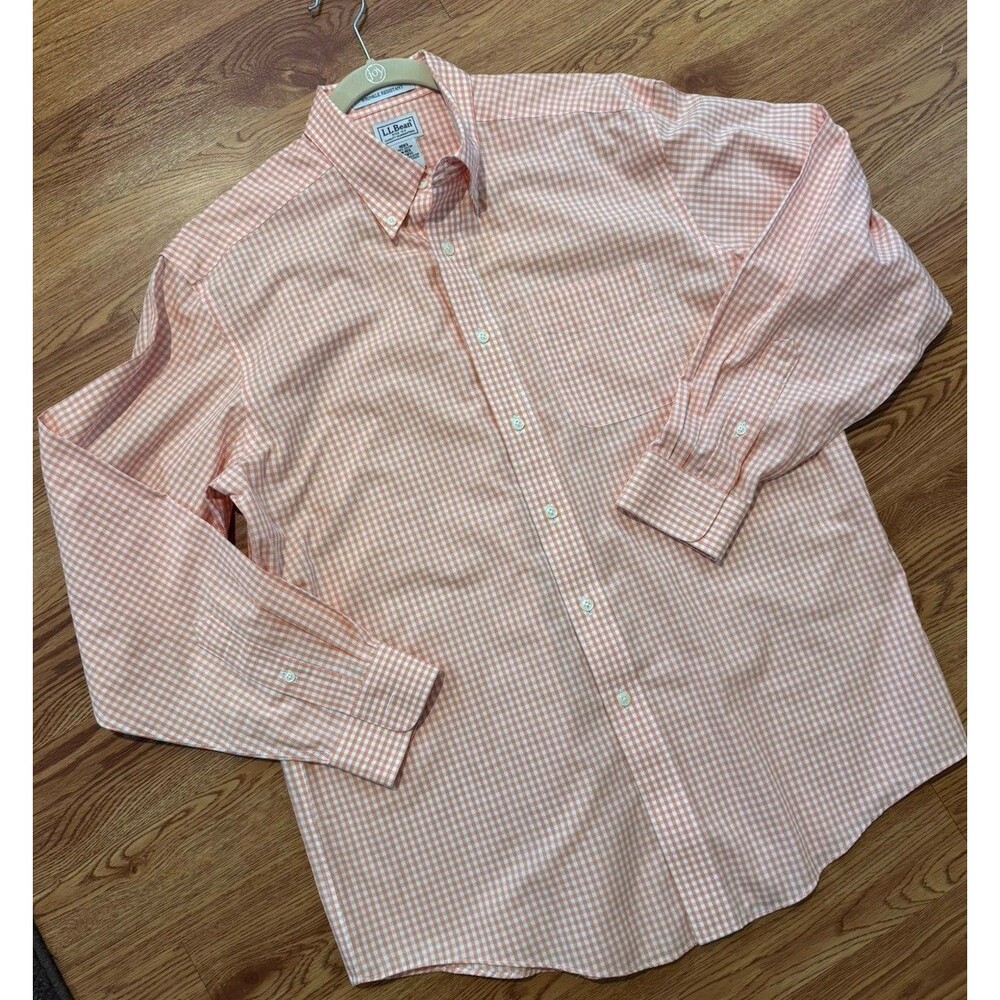 LL Bean Shirt Men’s Salmon Check White Button Up  Medium Wrinkle Resistant